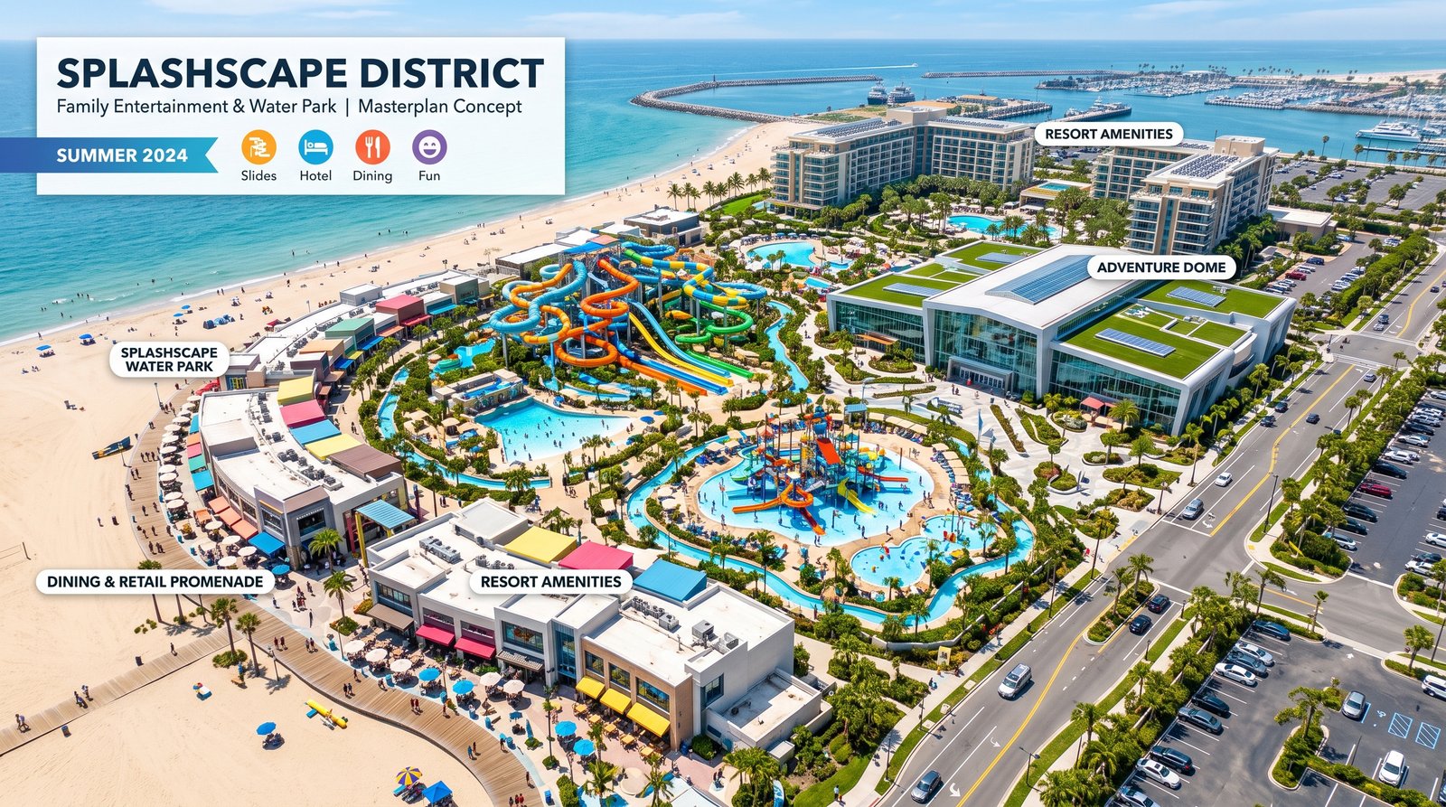 An illustrative entertainment-investment package connecting visitor experience, capacity and multiple revenue streams.