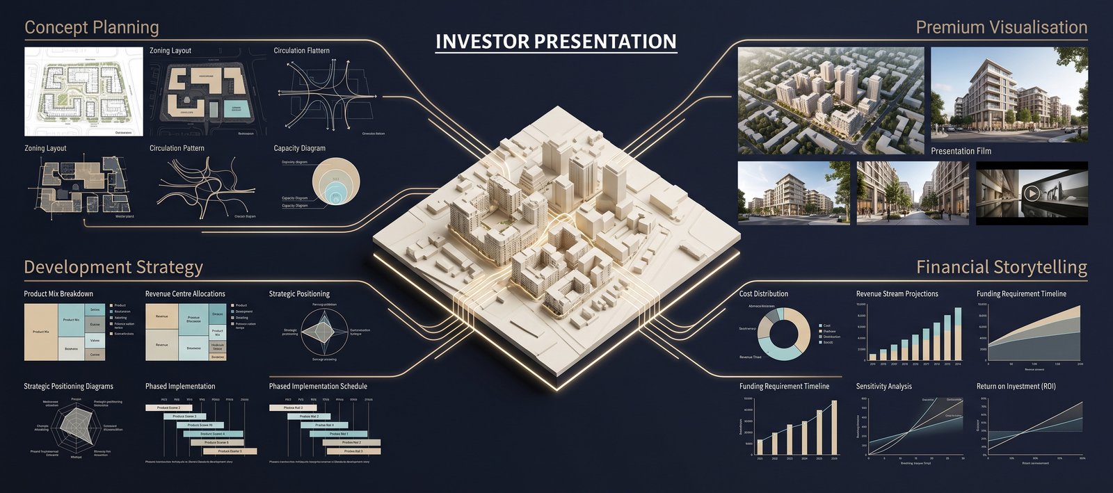 Architectural investor presentation showing hospitality, healthcare and mixed-use developments